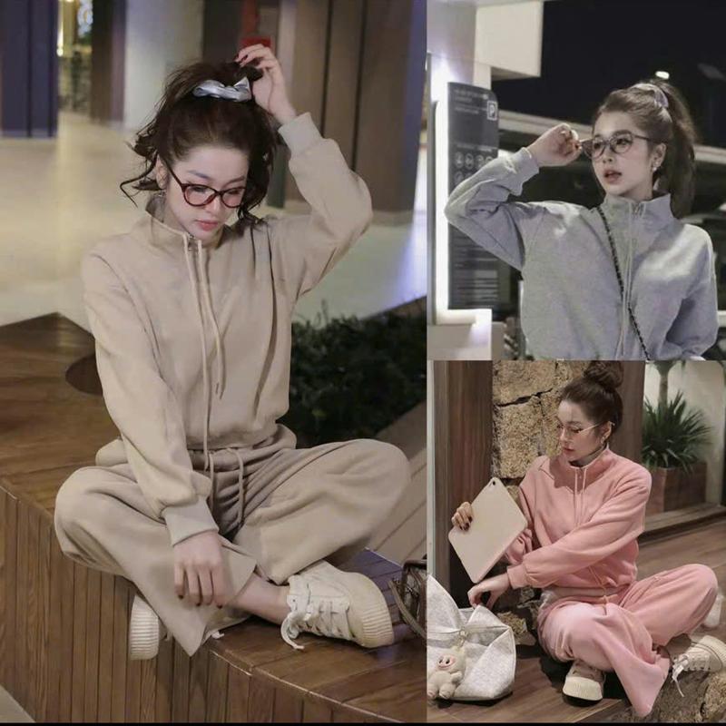 Set Đồ Bộ Nỉ 2 Da Dáng Dài Quần Xuông Ấm Áp Cổ Lọ Kèm Quần Xuông Màu Hồng Xám Đen Be Top Nữ