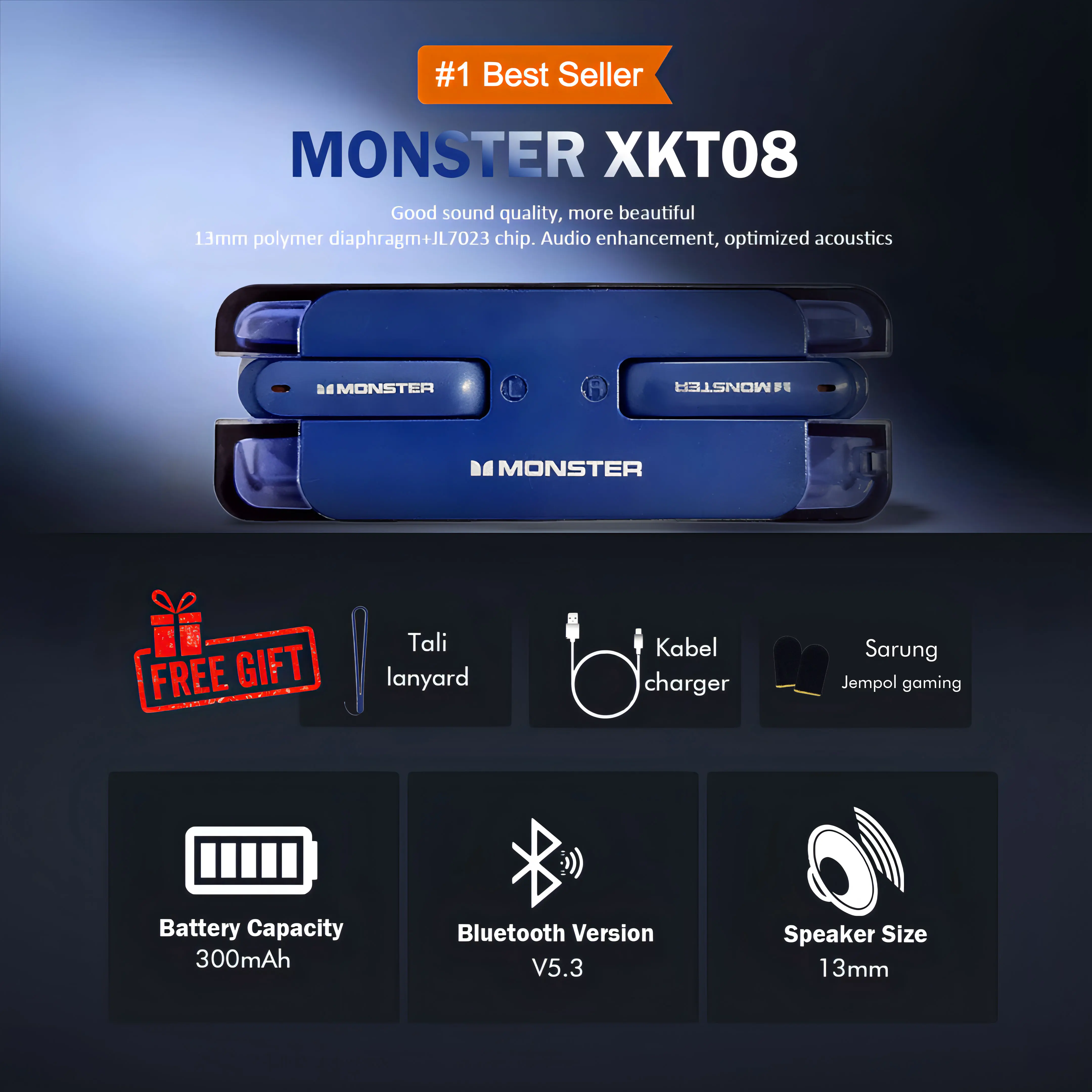Monster XKT08 Wireless Bluetooth 5.3 Headset Earphone Earbuds TWS Headphones Telepon
