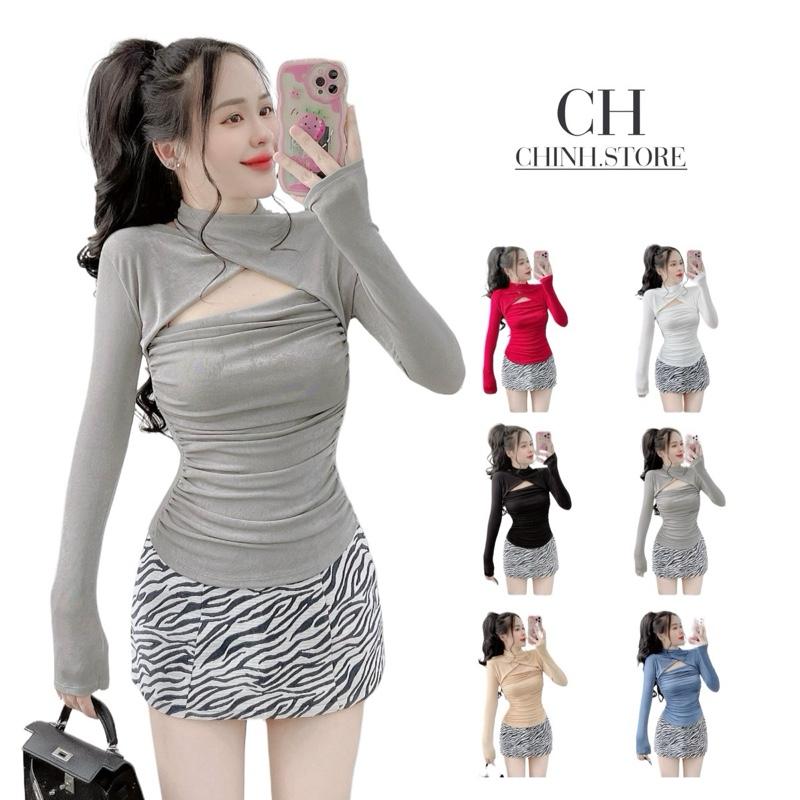 A12- Áo cổ lọ khoét chất thun nhũ tay dài nhún eo sang trọng Nữ BIG SIZE Women