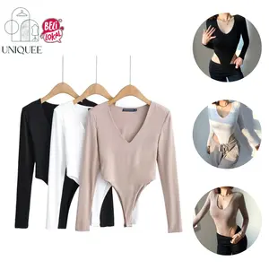 Uniqueestore BJ1859 Jumpsuit Lengan Panjang Baju Atasan Wanita Bodysuit FitBody Fashion Leher V Rompi