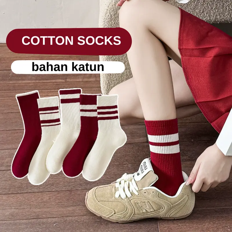 M1130 Kaos Kaki Oldschool Motif Garis 2 & garis 3 wanita panjang warna red merah white putih gaya vintage retro premium Women socks 0
