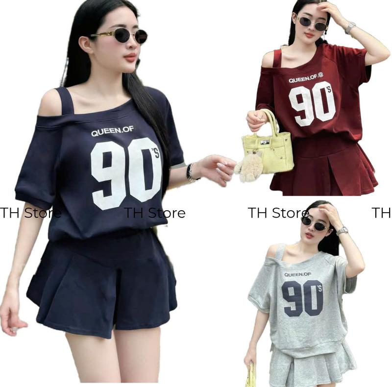 Set Váy Áo Trễ Vai Chất UMI HÀN Có Dây Vai In 90 Mix Chân Váy Cách Điệu Xếp Ly Cạp Chun Co Gian Phong Cách  Trẻ Trung Top Women  by TH Store