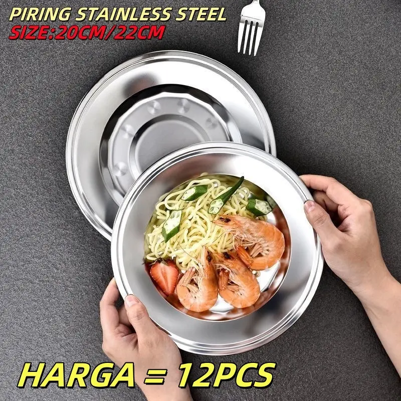 12 PCS || DNN Piring Makan Stainless 1 Lusin 20 cm / 22 cm / DNN / Piring Makan Bahan Tebal stainless steel - 22cmX12pcs
