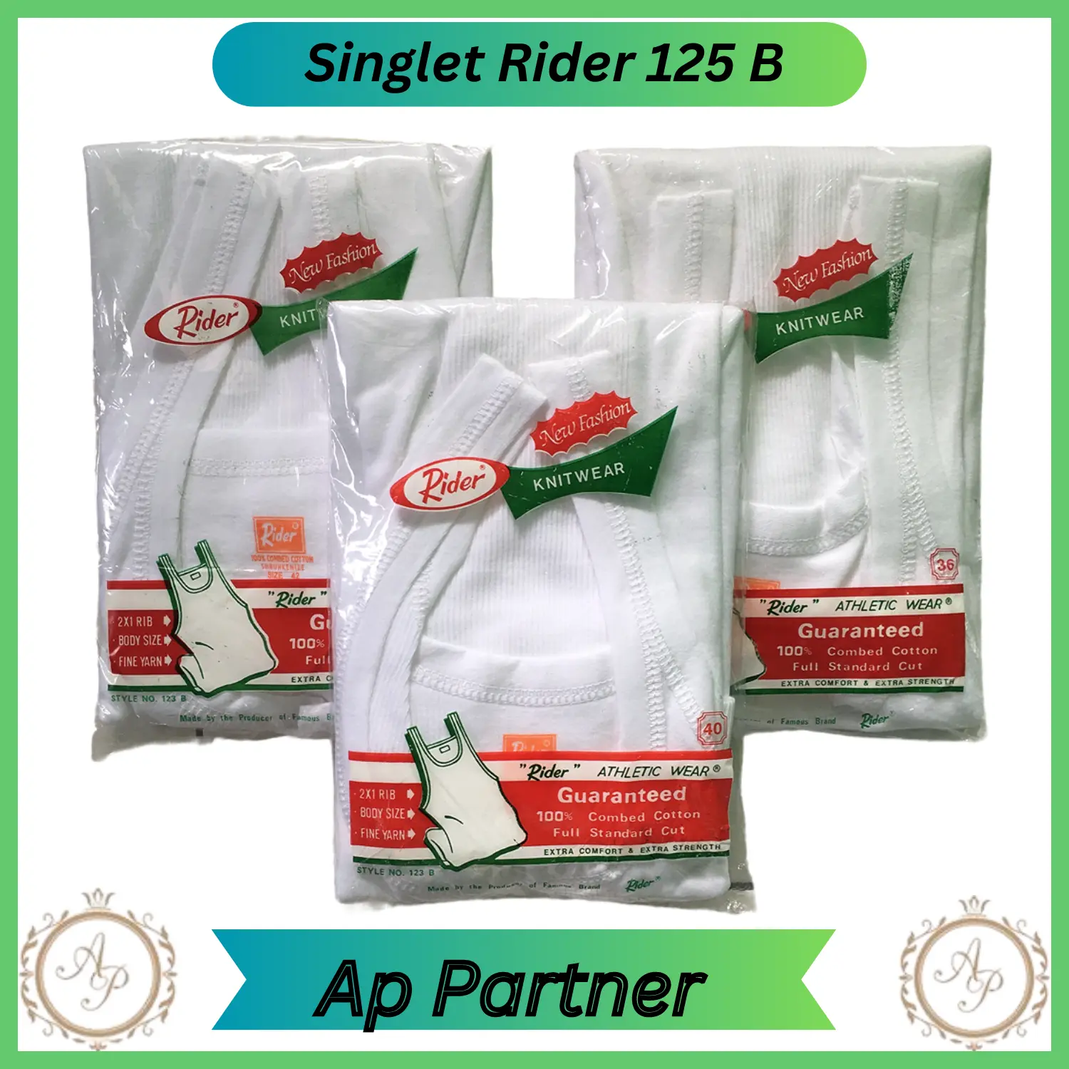 3 Pcs Singlet Pria Merek Rider | Pakaian dalam | Kaos kutang | 32-42 | Kode R 123 B Putih