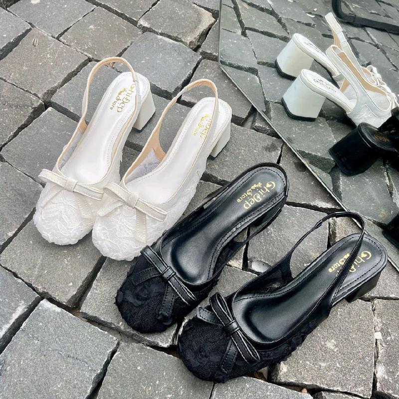 Chị Đẹp Store - Giày Cao Gót Lưới Thêu Hoa mũi tròn gót vuông 5 phân, Giày Sục Búp Bê Lưới Ren Hoa Tiểu Thư CD146 Shoes Nữ