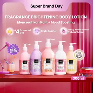 SCARLETT Fragrance Brightening Body Lotion Bright Mood Booster 300ml +4 Essential Oils 3X  Brightening Power | Solusi Untuk Kulit Kering | Menenangkan, Mencerahkan Kulit, Wangi Tahan Seharian