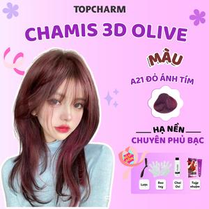 Nhuộm tóc Màu Đỏ Ánh Tím A21 thời trang dung tích 200ml (Kèm oxy, bao tay, lược) Chamis 3D có thành phần siêu dưỡng từ olive 30 tone màu Khôngn Cần Tẩy giúp tóc Mềm Mượt