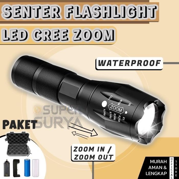 Senter Super Terang Waterproof LED Rechargeable Baterai Tactical Anti Air Lampu SWAT Zoom Murah Free Charger 0