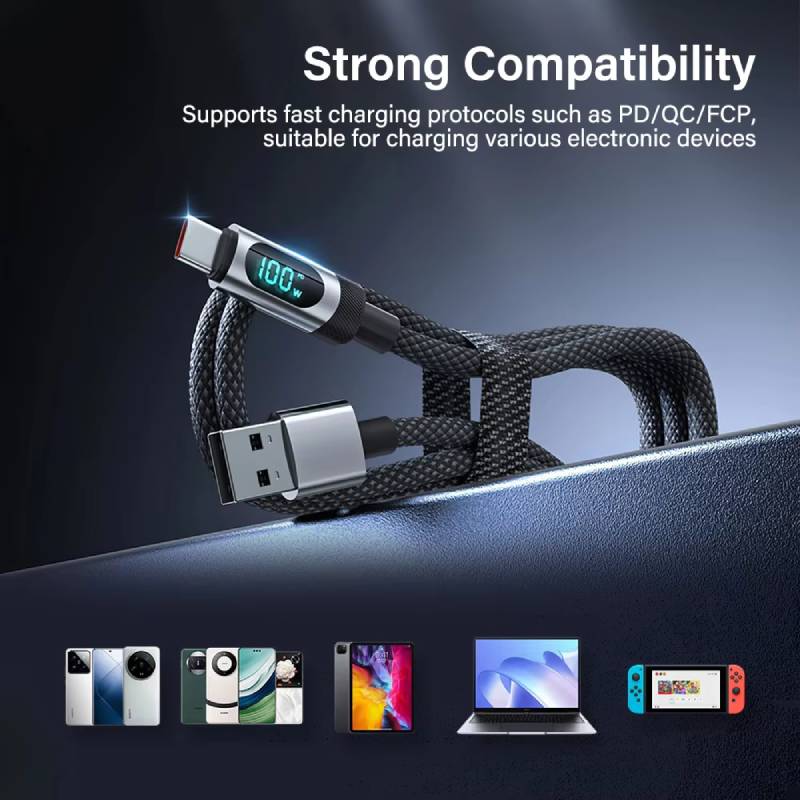 Reabol 100W LED Digital Display Super Fast Charging USB A To Type C Cable for Samsung Xiaomi Huawei