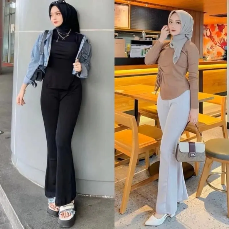 Flare Pants Celana Cutbray Highwaist Premium-BB 35-90 Kaki Karet Melar Scuba Standar Wanita Kulot Panjang Basic Kantor Cewek Kerja