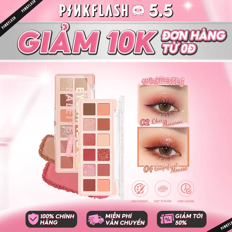 Bảng phấn mắt PINKFLASH PinkDessert độ lên màu cao nhũ ánh kim lâu trôi trang điểm đa năng 12g/1pc + [Free Gift] Cọ Bóng Mắt 1pcs