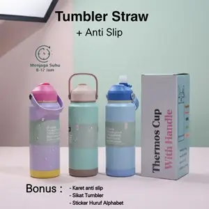 Termos Tumbler Tahan Panas Dingin 24jam Bahan  Stainless Steel SUS 304 710ml With Handle Free Sikat Botol + Stiker huruf Alphabet