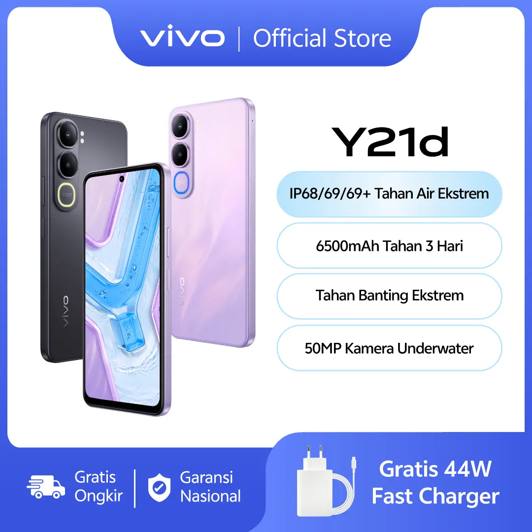 vivo Y21d - IP68/69/69+ Tahan Air Ekstrem, 6500mAh Tahan 3 Hari, Tahan Banting Ekstrem, 50MP Kamera Underwater, Dual Stereo Speaker + 400% Audio