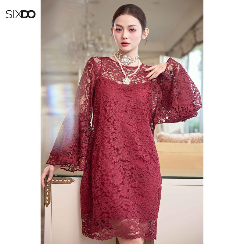  Đầm suông ren đỏ đậm tay loe SIXDO  Dark Red Lace Loose Dress  