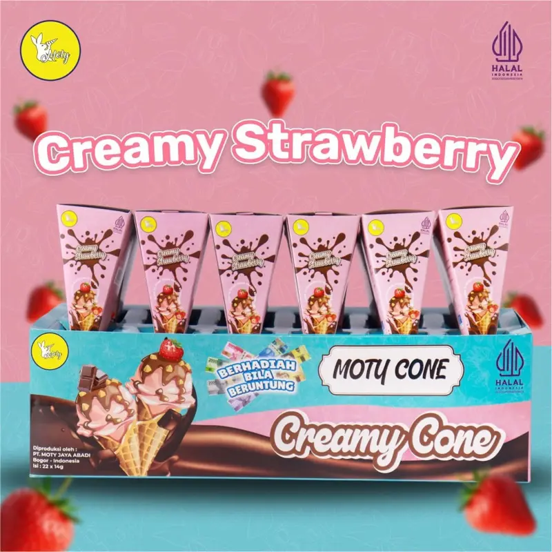 Snack Wafer Cone Isi Krim Strawberry – Renyah & Creamy, 22 pcs HALAL Chocolate Cemilan Food