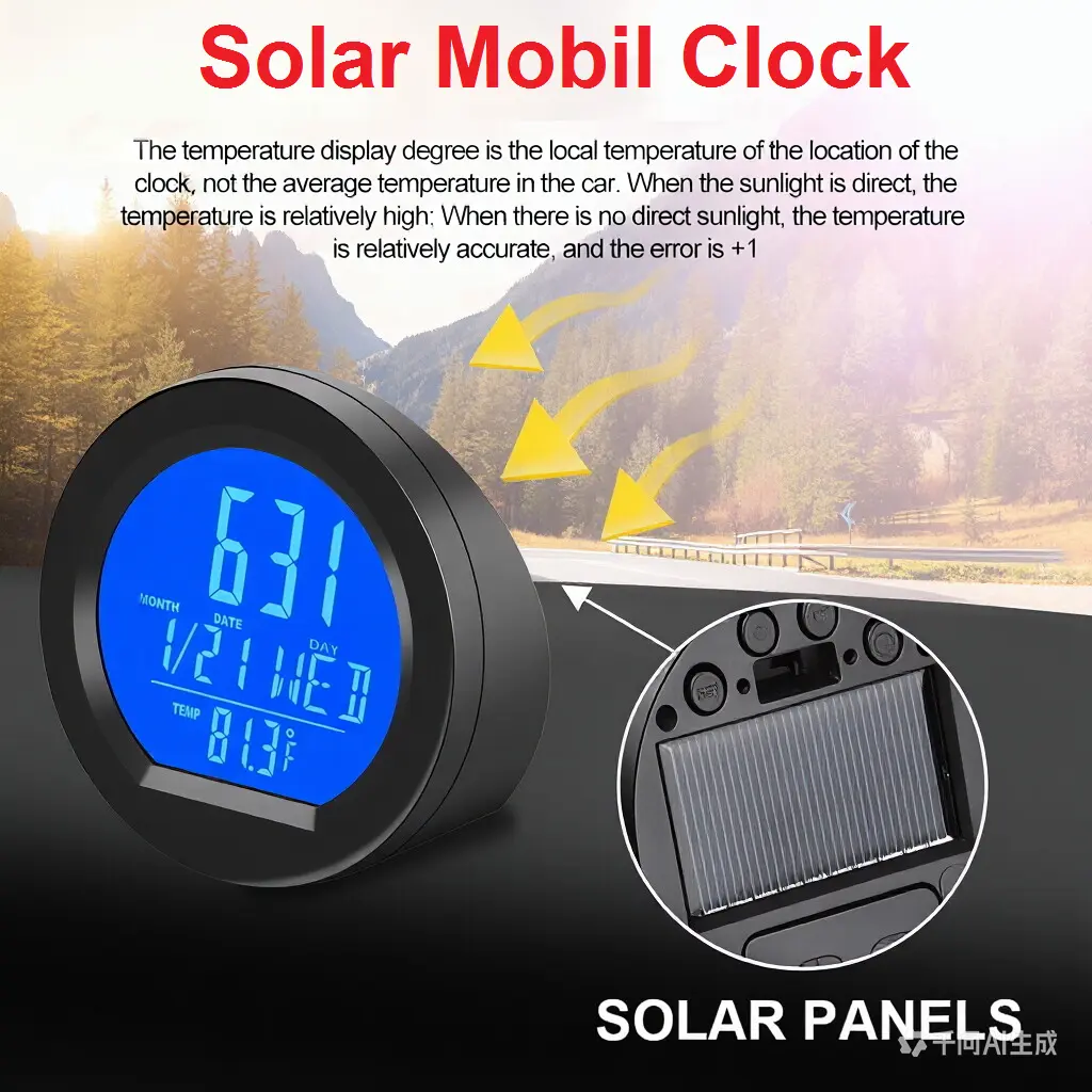 Jam Mobil Tenaga Surya Digital Solar Dashboard Panel Surya Jam Elektronik Tenaga Termometer Interior Bercahaya Lampu Latar LCD Aksesoris Mobil Tampilan Digital