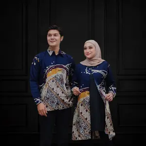 Pakaian Pasangan Tunik dan Kemeja Batik Furing Lengan Panjang dengan Motif Abstrak Navy - Ukuran M hingga 4XL