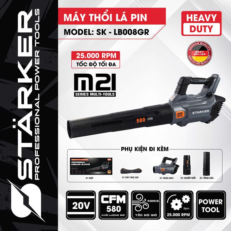 Máy thổi bụi thổi lá công suất lớn STARKER SK-LB008GR Chân pin phổ thông Công suất 13m3 min Điều chỉnh 3 tốc độ