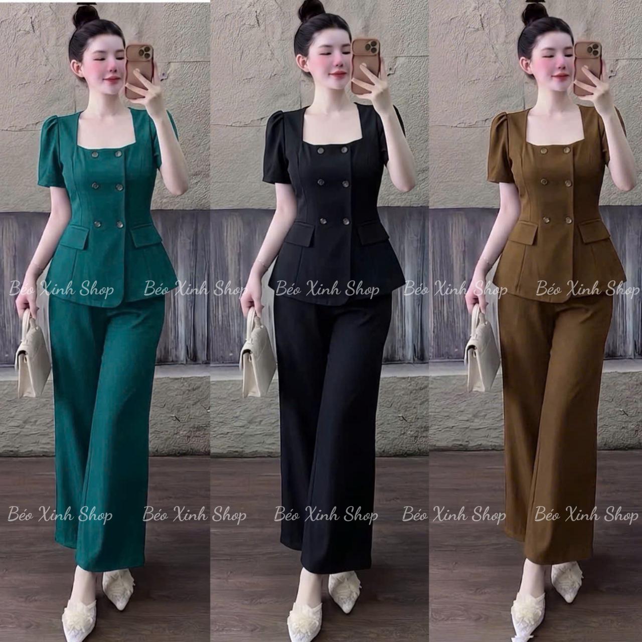 Set Quần Áo Nữ Áo Nữ Cổ Vuông Phối Nút Quần Ống Suông Vải Cotton Lạnh Cao Cấp Dễ Thương Nữ Top Women Xoè - A.1790