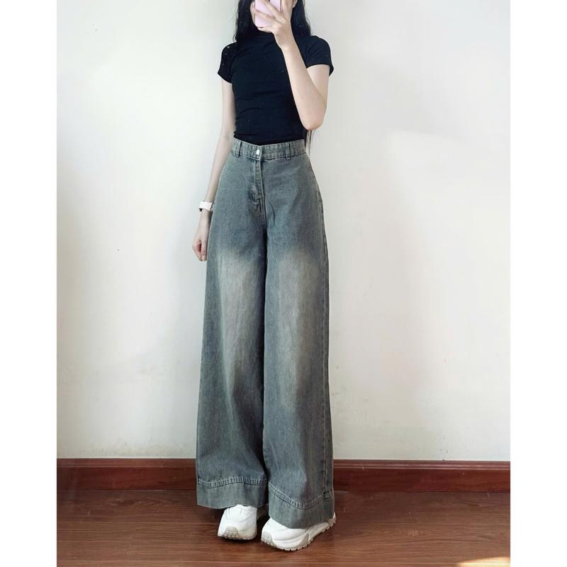 Quần Jeans Nữ Ống Suông Ống Rộng Lưng Cao Tôn Dáng Màu Xanh Retro Đi Học Đi Làm