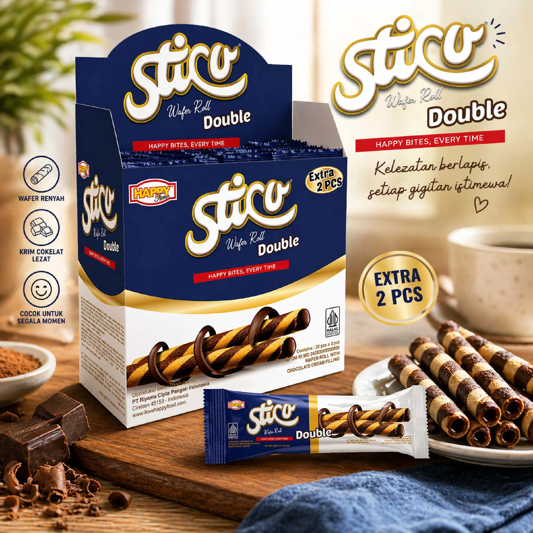 Happy Time - Astor Premium Sticu Wafer Roll Cokelat Double (1 Box isi 20+2 Pcs)