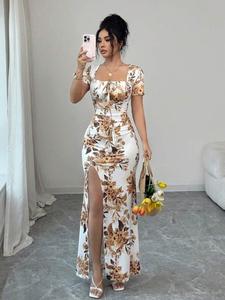 Vestido de verano para mujer con manga corta, vestido para vacaciones con impresión digital, vestido largo para playa y vacaciones con abertura en el bajo, nueva llegada con cintura entallada, vestido de noche floral, elegante