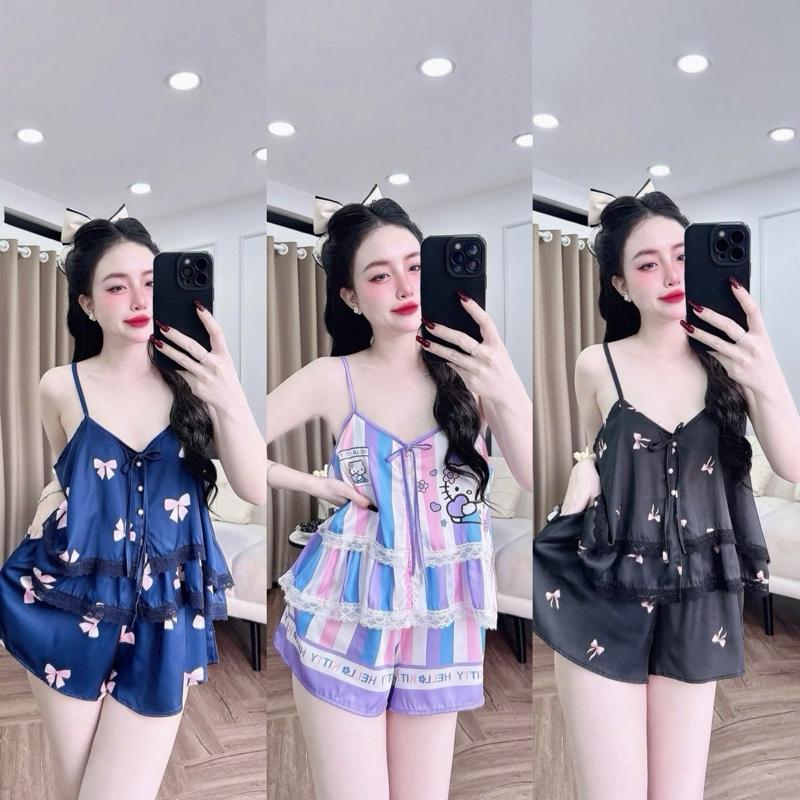 Đồ bộ nữ áo 2 dây ren tầng nút ngọc quần đùi có túi vải lụa latin mịn. Freesize 42-63kg. Women