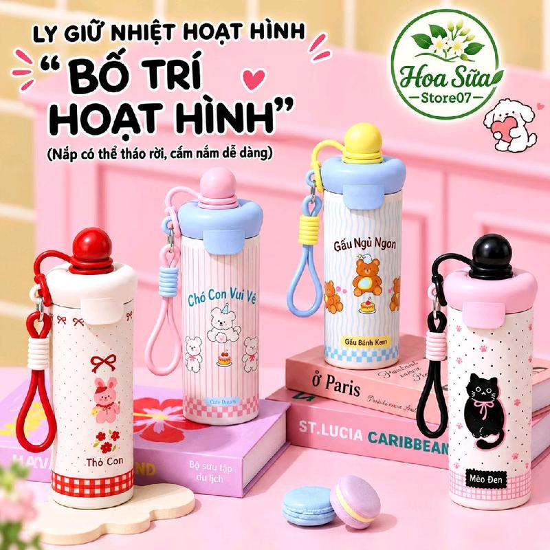 Bình giữ nhiệt dung tích 600MJ Inox 316 kèm ống hút và dây xách bình giữ nhiệt đáng yêu,nhiều màu sắc.