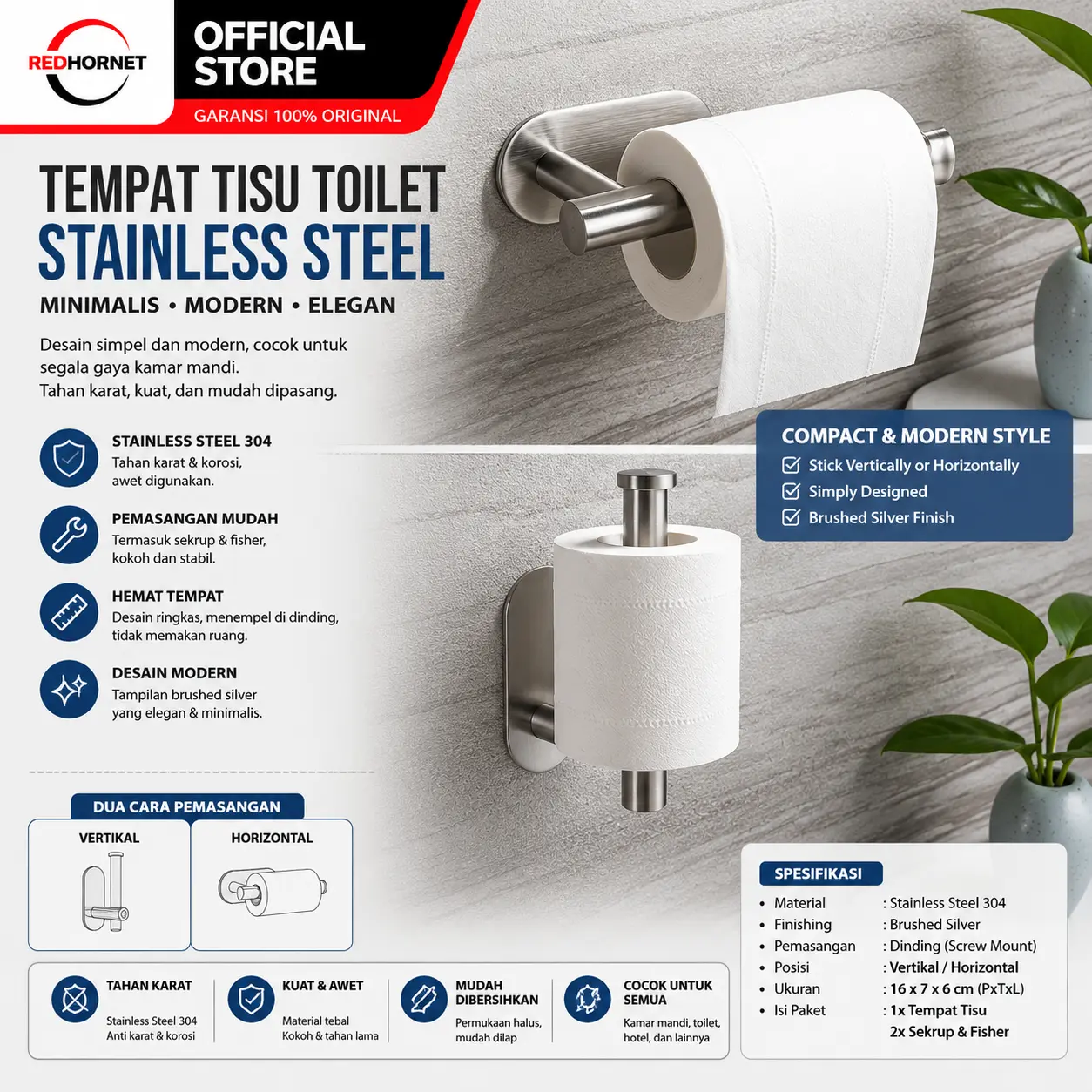 Gantungan Tisu Tempel Stainless Steel Desain Minimalis & Anti Karat Mudah Dipasang