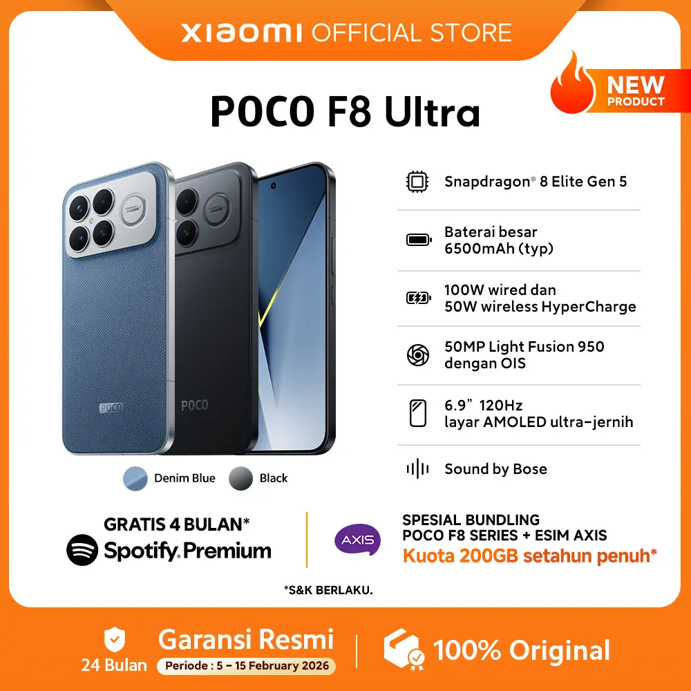 POCO F8 Series | POCO F8 Pro (12/512GB) | POCO F8 Ultra (16/512GB) | Snapdragon 8 Elite Gen 5* | Baterai Besar 6500mAh* | Ultra series dengan 100W wired dan 50W wireless HyperCharge | Layar AMOLED Ultra-Jernih 120Hz | HP Gaming  [Xiaomi Official Store]