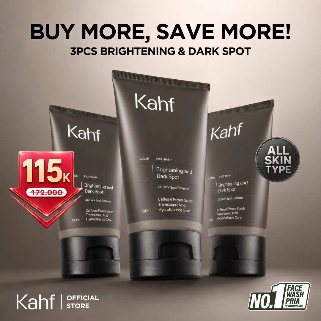 Triple Pack Kahf Face Wash Brightening and Dark Spot Scrub 100 ml - 3 pcs Sabun Cuci Muka Pria Anti Noda Hitam Bekas Jerawat - 3in1 Daily Use, Anti Dark Spot, Cerah, Black, Kusam, Gelap, Bekas, Jerawat, Acne, Prone, Debu, Polusi, Lembab, Moisturizer