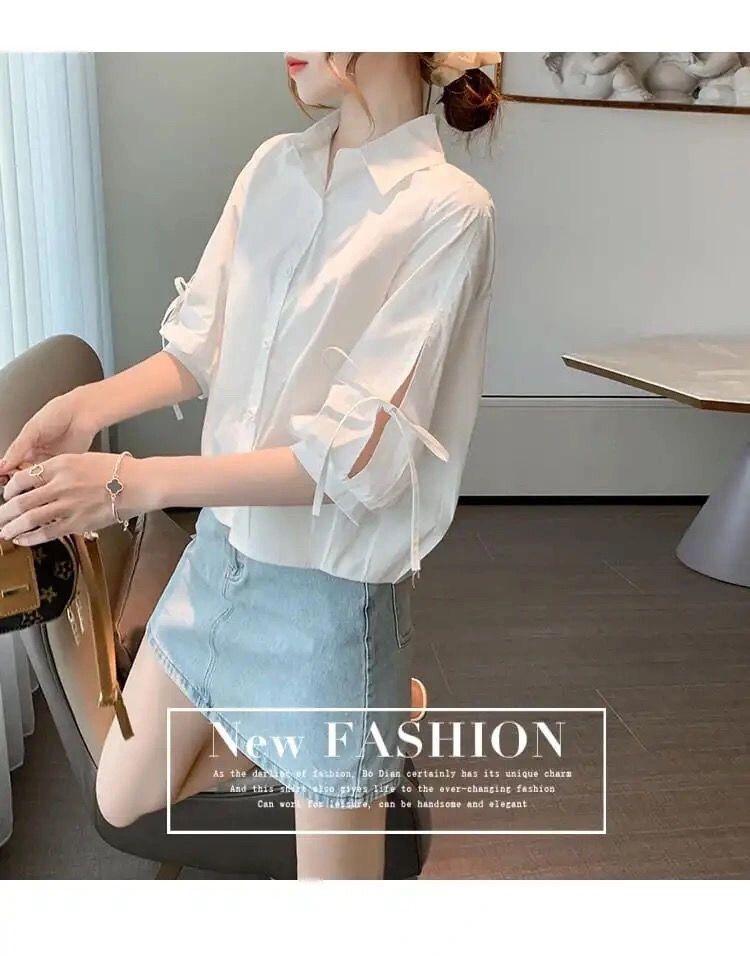 Product Introduction of Women's Chiffon Rheology Hong Kong Style Three-Quarter Sleeve Shirt 2023 New Loose Design Niche Chic Top 18