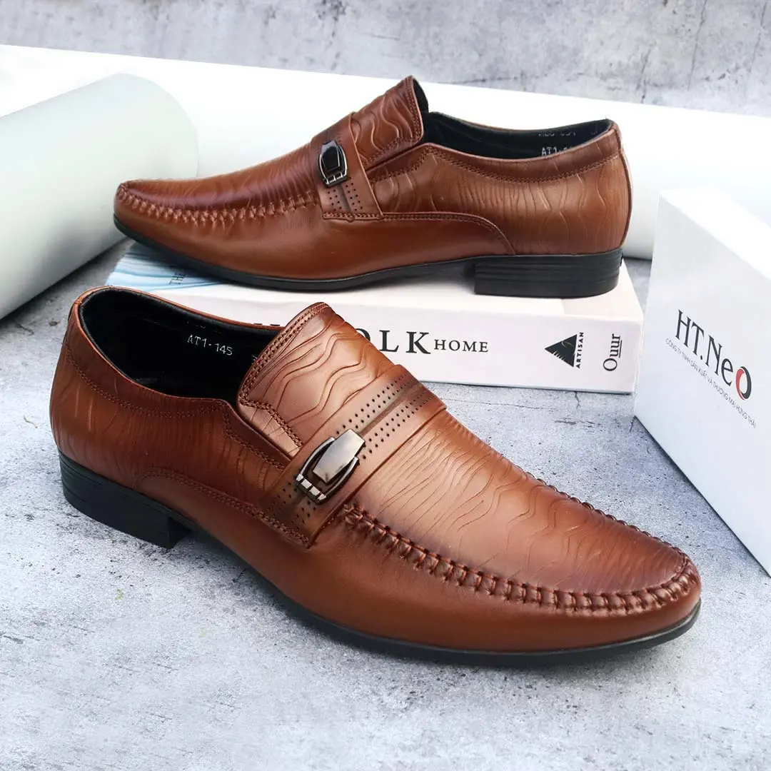 Giày tây lười công sở mũi nhọn đế cao 3cm quai da vắt ngang dập vân lượn sóng sang trọng GN1970