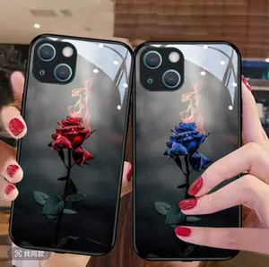 Phone case for 15pro/14/13/12/11  casing for iphone xr aesthetic   Flame rose glass fully wrapped anti-drop phone case  13 mewah elegan cewe