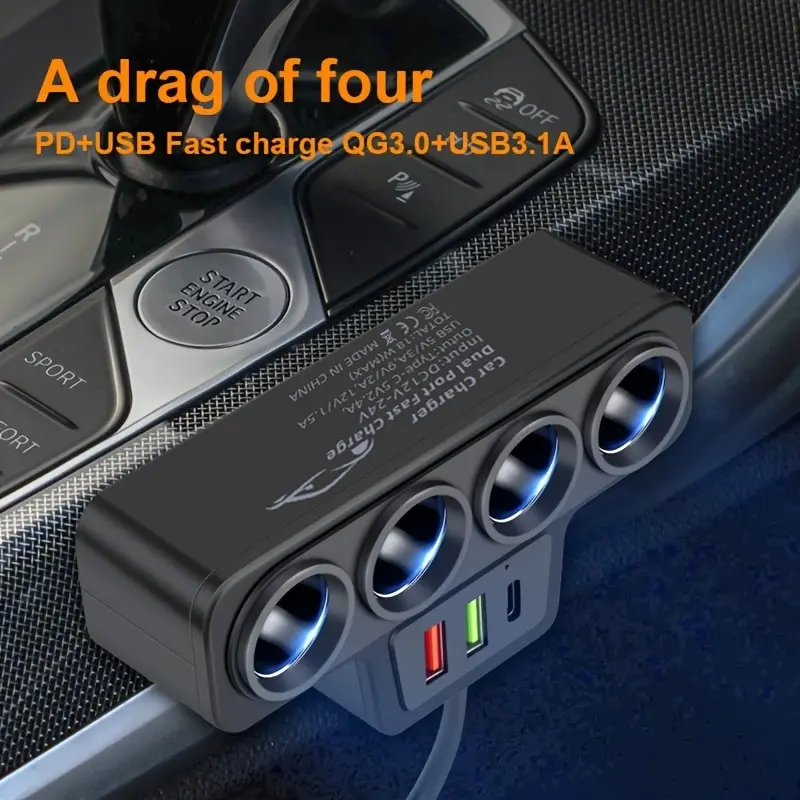 Adaptor mobil 120W port 7-in-1 (USB+car cigarette lighter+PD(TYPE-C)) Konverter pengisi daya pengisian cepat QC3.0, cocok untuk ponsel Android dan Apple serta perangkat elektronik mobil