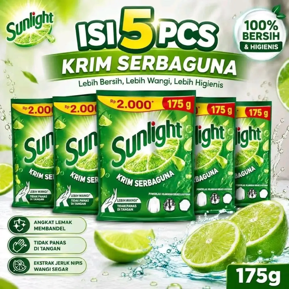 Sunlight Krim Serbaguna 175g Isi 5 Pcs Lebih Bersih Wangi & Higienis Angkat Lemak Membandel Ekstrak Jeruk Nips Wangi Segar