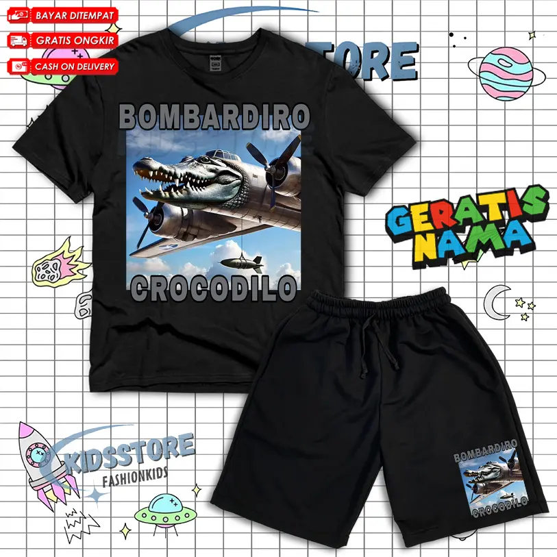 (BISA COD) Setelan Anak Kaos Celana Pendek Anak BOMBARDIRO CROCODILO  Free Nama / Set Kaos Celana Boardshort Anak Logo BOMBARDIRO CROCODILO Fashion Anak