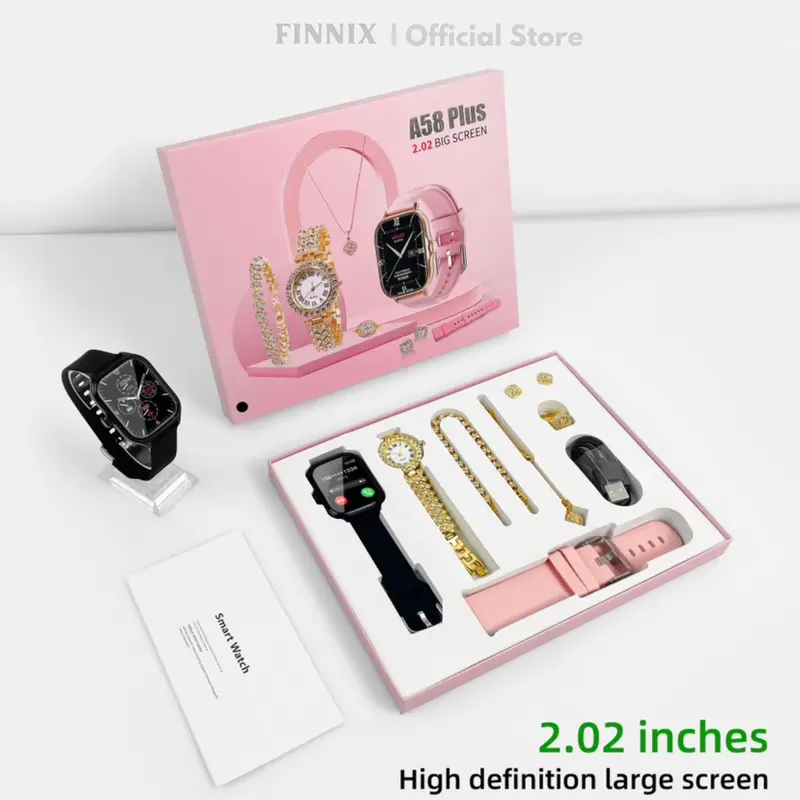 Gift Set A58 Plus jam tangan pintar setelan gelang emas mewah halus 6 in 1 dalam 1 Set kotak hadiah wanita 6