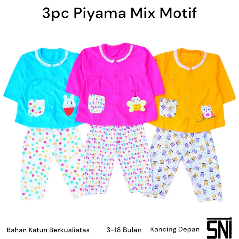 3pc Piyama Bayi Setelan Panjang 3 - 18 bulan Murah Berkualitas Motif lucu Bunda Lengan 3