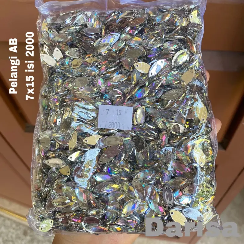￼(PELANGI) Mote Sipit 7x15 isi 2000 Diamond Tempel Payet Daun Permata Silver Mata Lancip Mata Putih Jahit Ada Lubang