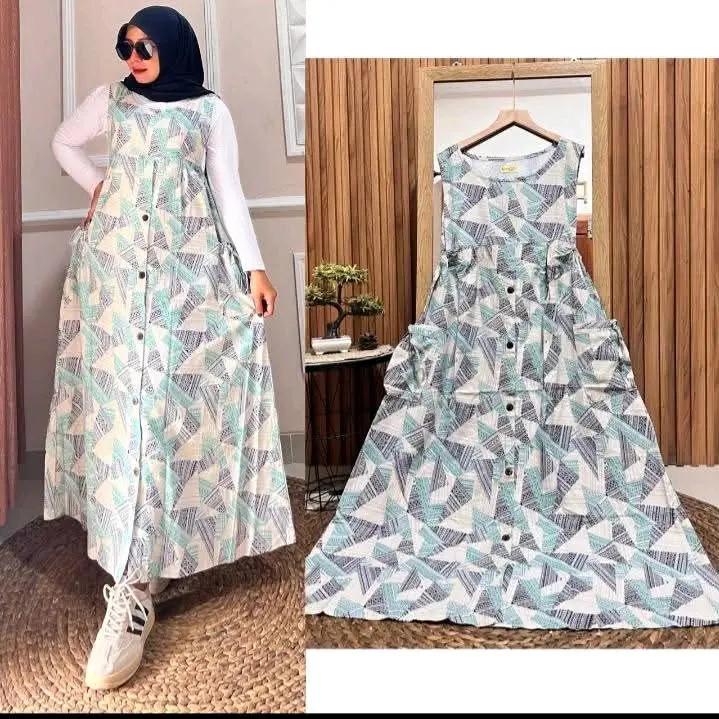 GAMIS OVERALL SAKU KANAN KIRI // HAGIA OVERALL KATUN MOTIF ONLY Linen Muslim Wanita Dress Kancing Panjang Basic Dewasa 7
