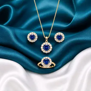 Titanium88 Set Kalung, Anting, cincin Motif Bulat Mata Satu Blue Sapphire LAURA bronze Imitasi SP5