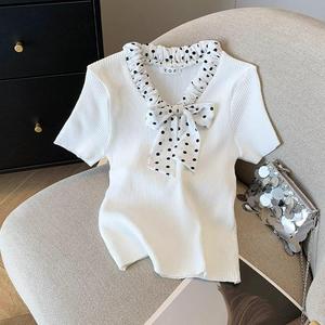 เนคไทโบว์ลายจุด เสื้อยืดแขนสั้นถักไหมน้ำแข็ง สำหรับผู้หญิง เสื้อทรงสลิมฟิต เหมาะสำหรับฤดูร้อน