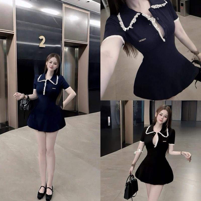 Đầm Tiểu thư cổ viền ren trắng vạt nhọn phối nút váy xoè xinh xắn -H217