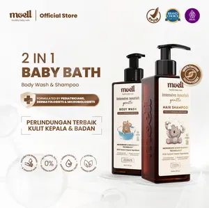 Moell Bundles 2in1 Baby Bath Gentle Body Wash 185gr & Shampoo 185gr- Sabun & Sampo Bayi Anak Kulit Kering & Sensitif - Skincare Anak dengan Microbiome Teknologi Diformulasikan Oleh Dokter - Skincare Bayi