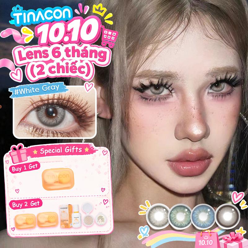 【White Gray】TINACON LENS, 2 chiếc 6 tháng, Màu Xám / Nâu,lens xám tây,Đường kính 14.2-14.5mm,mắt giãn to tròn màu,lens chụp kỷ yếu siêu êm, Có Thể Sử Dụng Trong 6 Tháng, Phạm Vi Độ: 0,00-8,00 ( Giá 1 Cặp Tặng Kèm Khay Dụng Cụ Đeo )