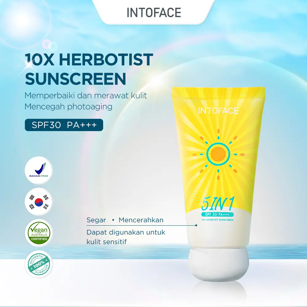 INTOFACE 10X Herborist 5in1 Sunscreen SPF30 PA+++ Skin Barrier Protect With Centella Asiatica Skincare Sunblock Wajah gel tabir surya Tabir surya untuk kulit sensitif 50g