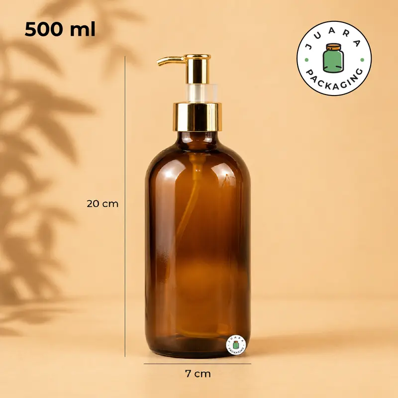 Botol Kaca Amber Coklat Pump Gold 500ml 250ml – Wadah Sabun Cair Lotion Shampoo Skincare Minyak Aromaterapi Refill Botol Kosmetik Isi Ulang Tebal Elegan dengan Tutup Pump Warna Emas Premium