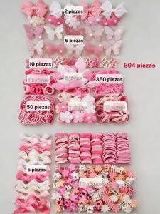 Juego de 500 piezas: pinzas para el cabello con lazo rosa para niñas, accesorios de princesa, gomas de alta elasticidad, bandas para el cabello, anillos con orejas de conejo, horquillas tipo pato, uso diario.