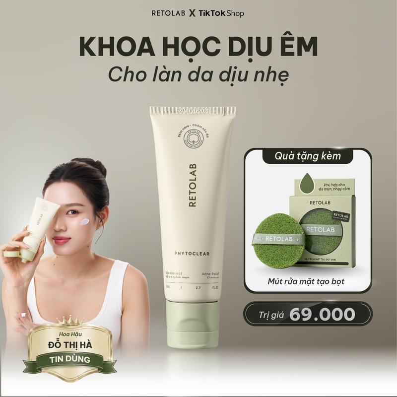 Sữa Rửa Mặt Retolab Phytoclear 80g - Hỗ Trợ Giảm Mụn, Làm Sạch Dịu Nhẹ, Dưỡng Ẩm Da - SR001 - Dạng Kem Tạo Bọt - Cho Da Khô Mụn & Dầu - Công Nghệ Lõi Kép Hiện Đại